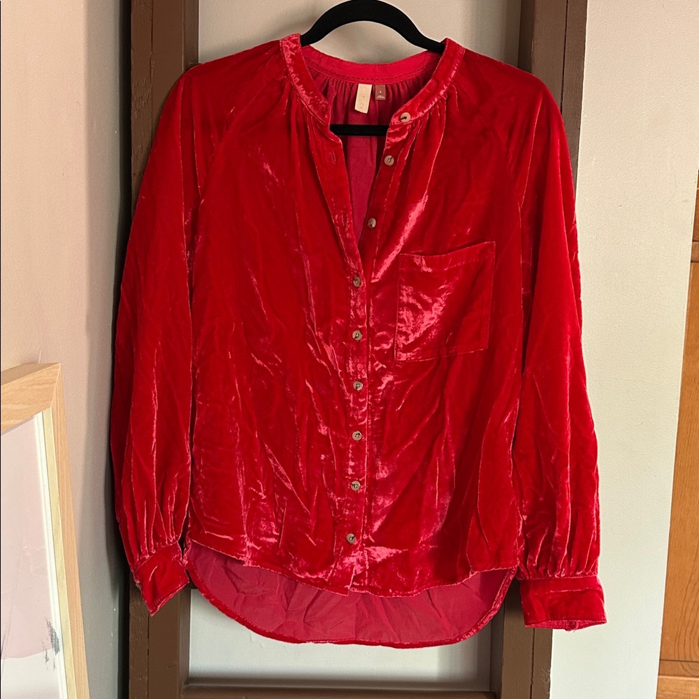 Anthropologie Red Velvet Button Down Shirt - Picture 2 of 5